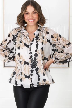 Portia Blouse - Button Down Lace Detail Shirt in Calea Beige Print><noscript><img width=