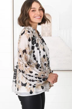 Portia Blouse - Button Down Lace Detail Shirt in Calea Beige Print><noscript><img width=