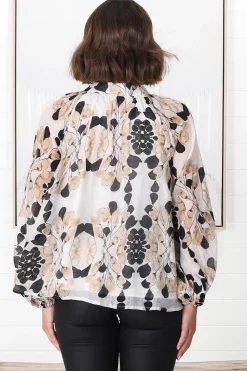 Portia Blouse - Button Down Lace Detail Shirt in Calea Beige Print><noscript><img width=