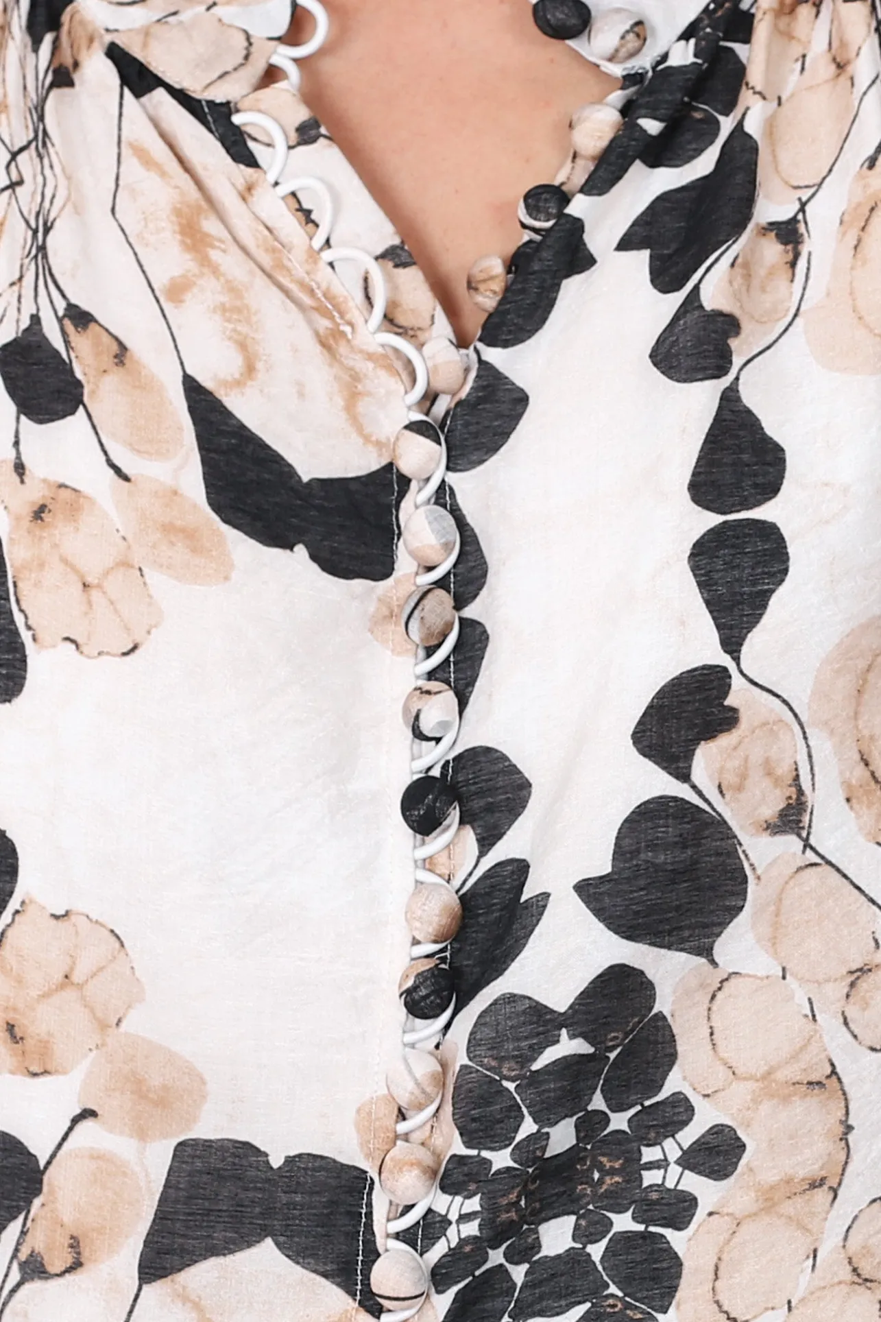 Portia Blouse - Button Down Lace Detail Shirt in Calea Beige Print>Salty Crush Hot
