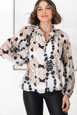 Portia Blouse - Button Down Lace Detail Shirt in Calea Beige Print><noscript><img width=