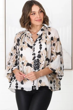 Portia Blouse - Button Down Lace Detail Shirt in Calea Beige Print><noscript><img width=