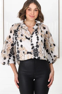 Portia Blouse - Button Down Lace Detail Shirt in Calea Beige Print><noscript><img width=