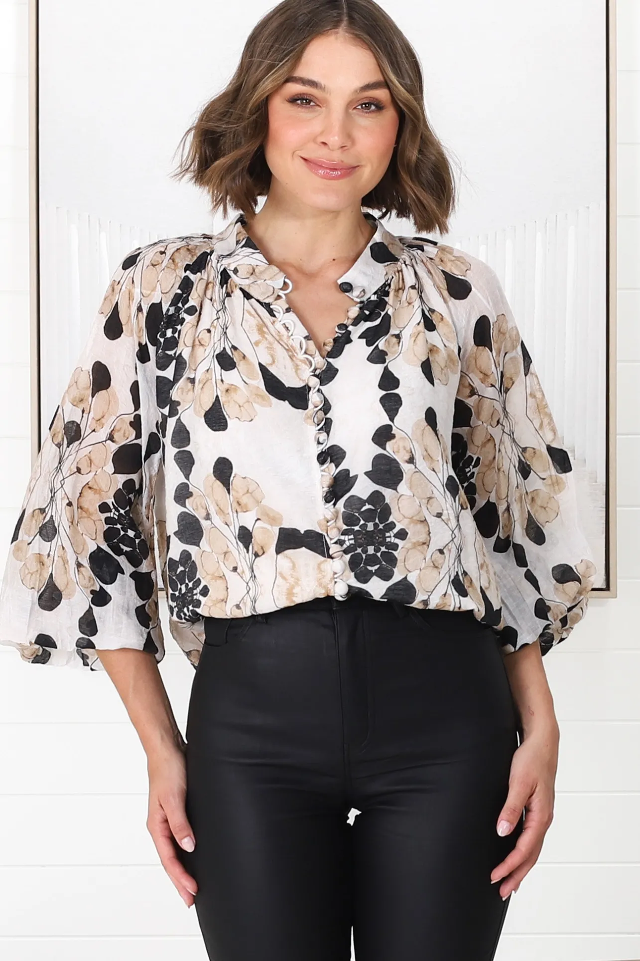Portia Blouse - Button Down Lace Detail Shirt in Calea Beige Print>Salty Crush Hot