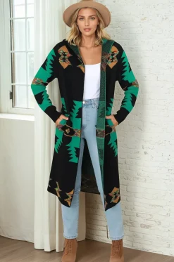Quest Cardigan - Hooded Long Line Graphic Cardigan in Black><noscript><img width=