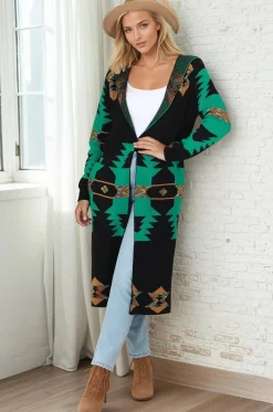Quest Cardigan - Hooded Long Line Graphic Cardigan in Black><noscript><img width=