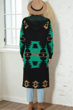 Quest Cardigan - Hooded Long Line Graphic Cardigan in Black><noscript><img width=