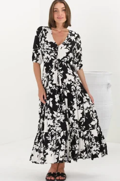 Rachel Maxi Dress - V-Neck 3/4 Sleeve Pull Tie Waist Tiered Dress in Kacia Print Black>Salty Crush Hot