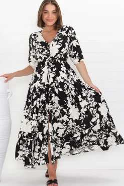 Rachel Maxi Dress - V-Neck 3/4 Sleeve Pull Tie Waist Tiered Dress in Kacia Print Black><noscript><img width=