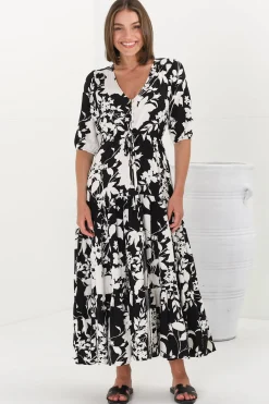 Rachel Maxi Dress - V-Neck 3/4 Sleeve Pull Tie Waist Tiered Dress in Kacia Print Black><noscript><img width=