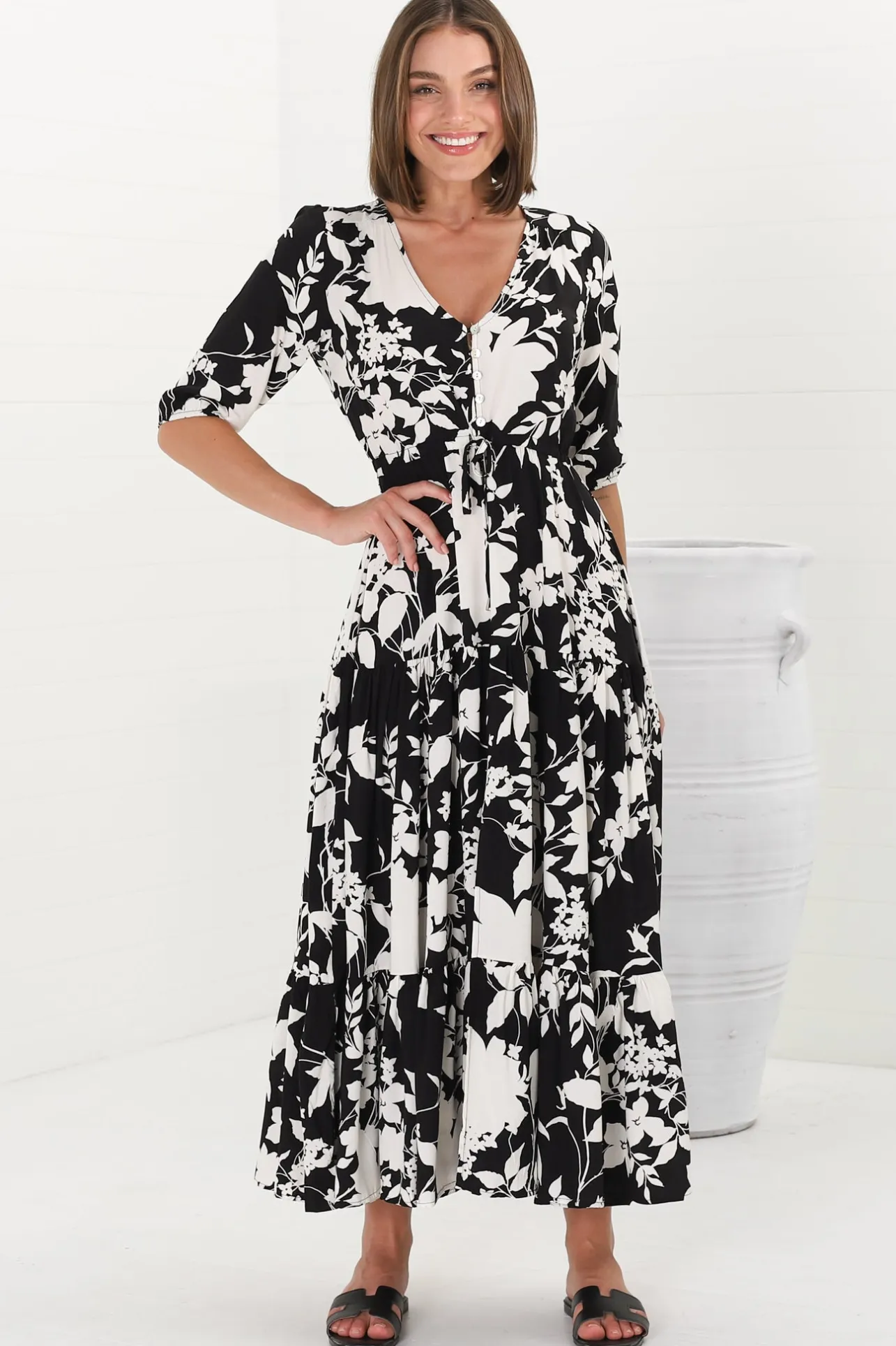 Rachel Maxi Dress - V-Neck 3/4 Sleeve Pull Tie Waist Tiered Dress in Kacia Print Black>Salty Crush Hot