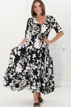 Rachel Maxi Dress - V-Neck 3/4 Sleeve Pull Tie Waist Tiered Dress in Kacia Print Black><noscript><img width=