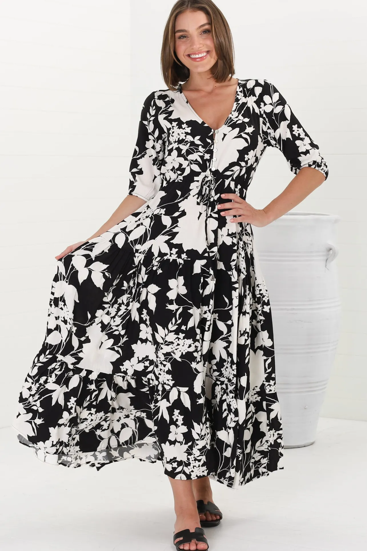 Rachel Maxi Dress - V-Neck 3/4 Sleeve Pull Tie Waist Tiered Dress in Kacia Print Black>Salty Crush Hot