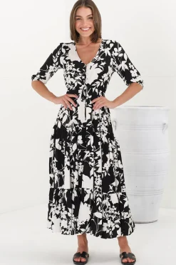 Rachel Maxi Dress - V-Neck 3/4 Sleeve Pull Tie Waist Tiered Dress in Kacia Print Black><noscript><img width=