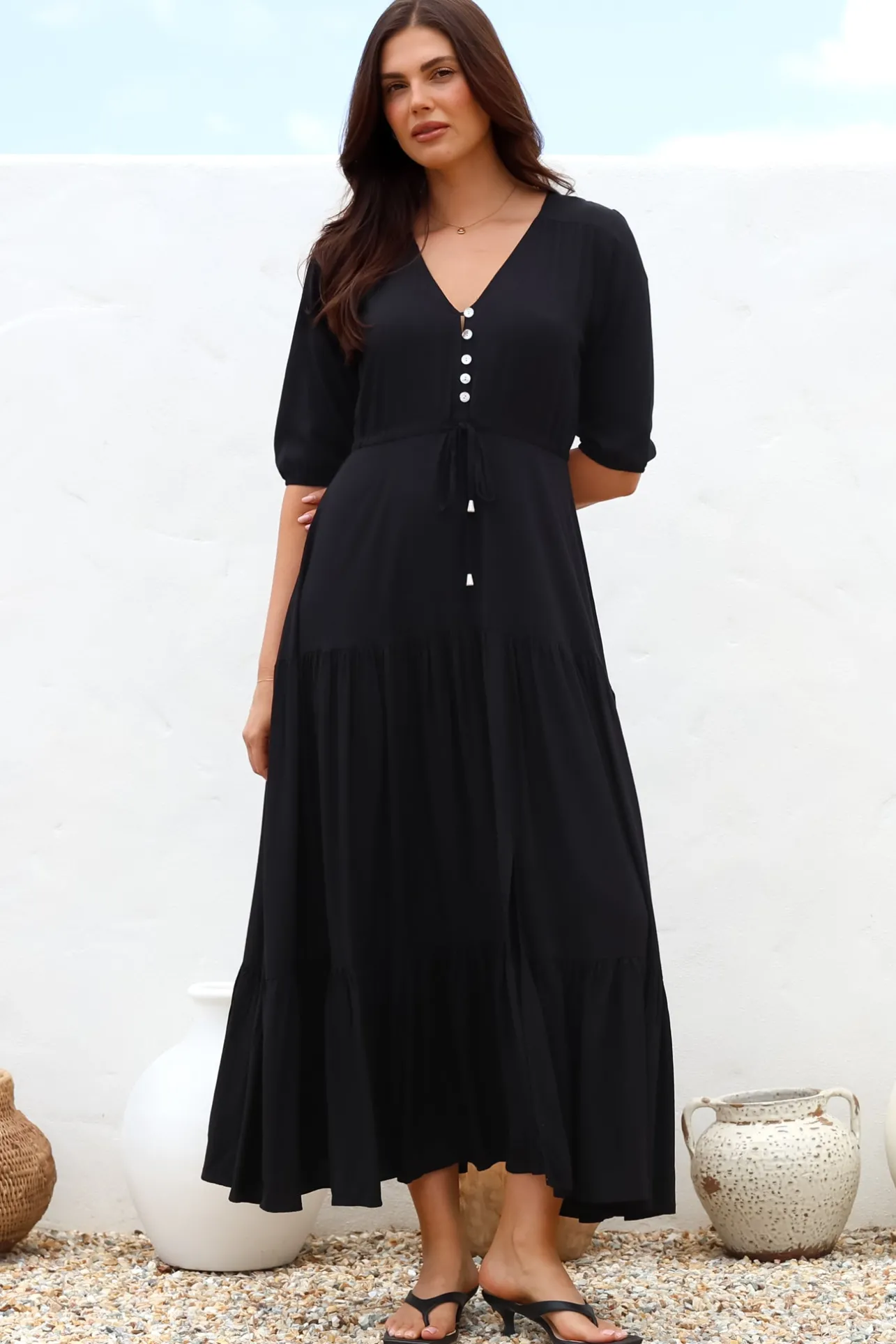 Rachel Maxi Dress - V-Neck 3/4 Sleeve Pull Tie Waist Tiered Dress in Black>Salty Crush Discount