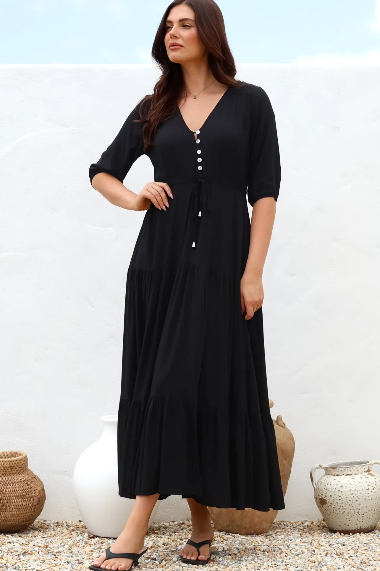 Rachel Maxi Dress - V-Neck 3/4 Sleeve Pull Tie Waist Tiered Dress in Black>Salty Crush Discount