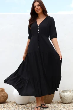 Rachel Maxi Dress - V-Neck 3/4 Sleeve Pull Tie Waist Tiered Dress in Black><noscript><img width=