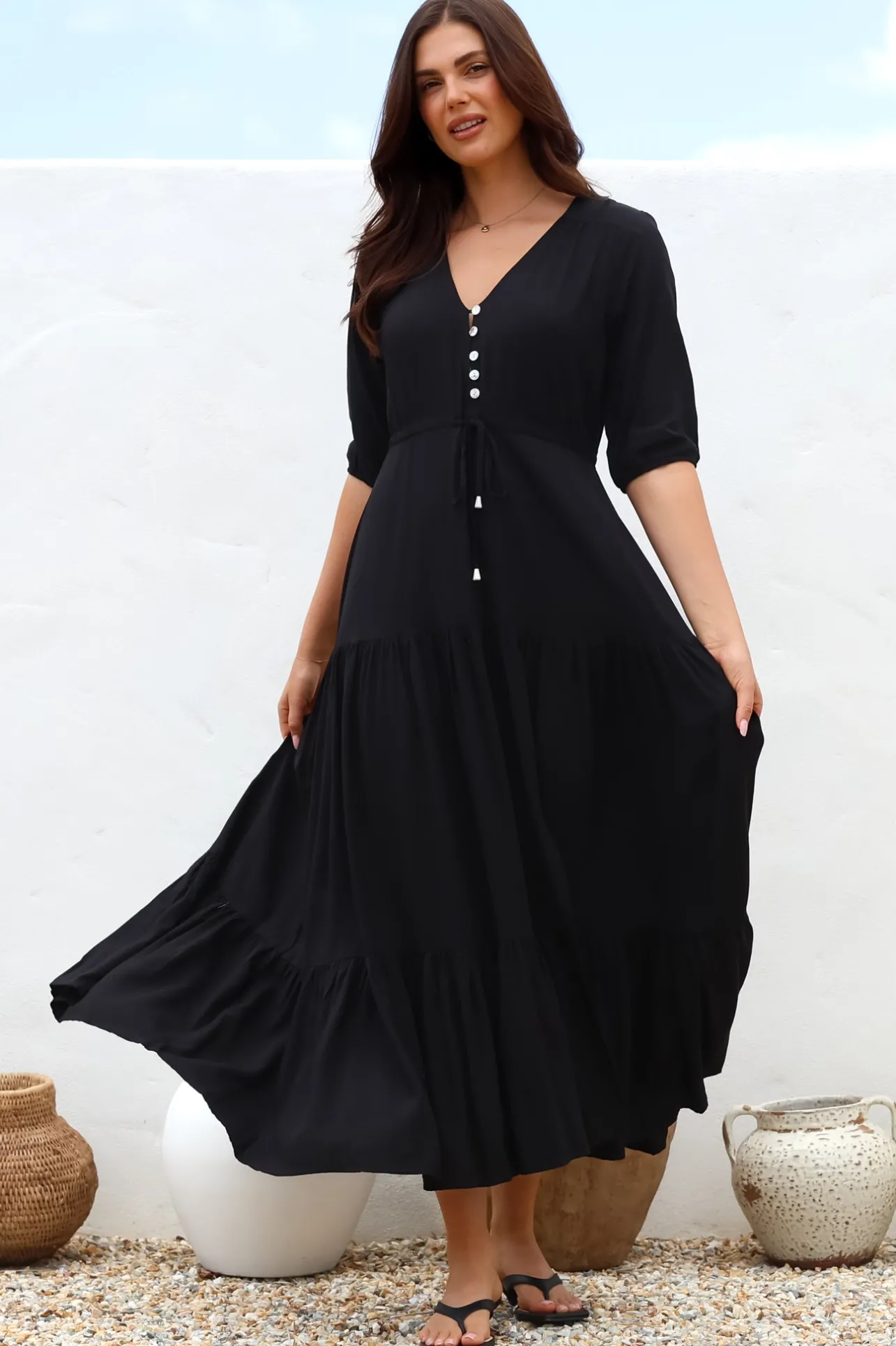 Rachel Maxi Dress - V-Neck 3/4 Sleeve Pull Tie Waist Tiered Dress in Black>Salty Crush Discount