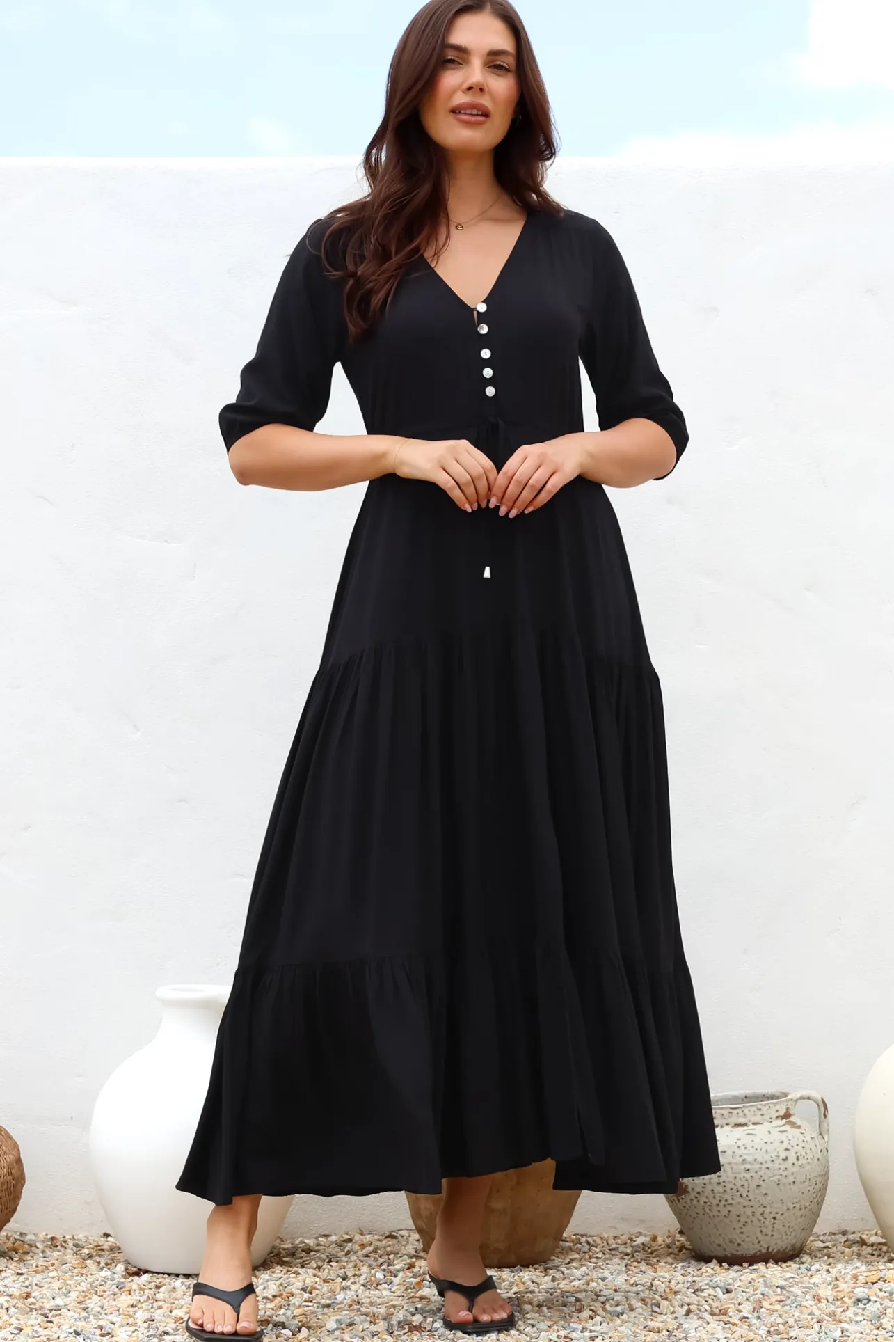 Rachel Maxi Dress - V-Neck 3/4 Sleeve Pull Tie Waist Tiered Dress in Black>Salty Crush Discount