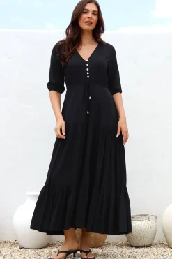 Rachel Maxi Dress - V-Neck 3/4 Sleeve Pull Tie Waist Tiered Dress in Black><noscript><img width=