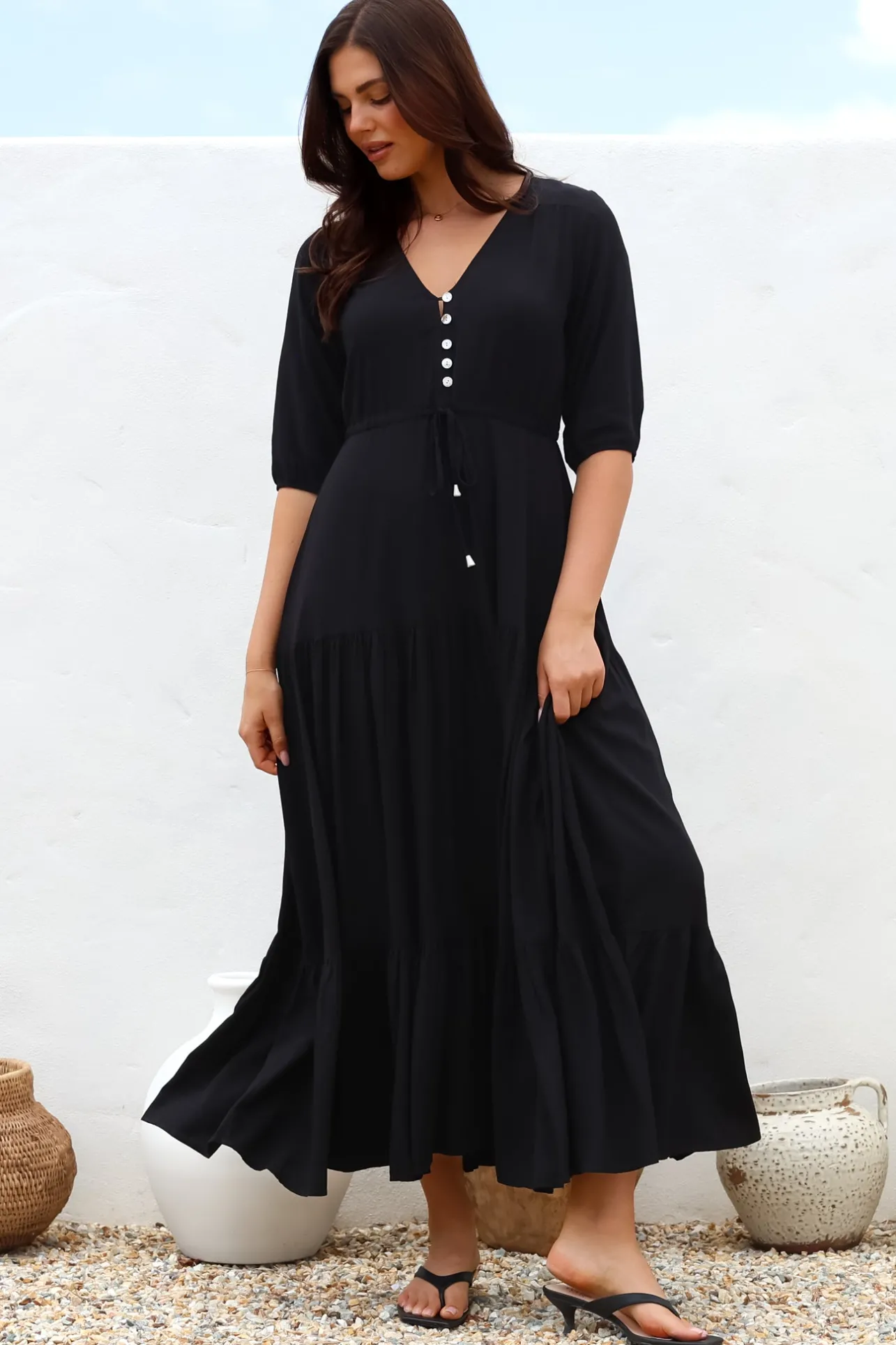 Rachel Maxi Dress - V-Neck 3/4 Sleeve Pull Tie Waist Tiered Dress in Black>Salty Crush Discount