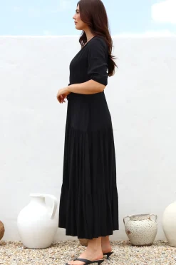 Rachel Maxi Dress - V-Neck 3/4 Sleeve Pull Tie Waist Tiered Dress in Black><noscript><img width=