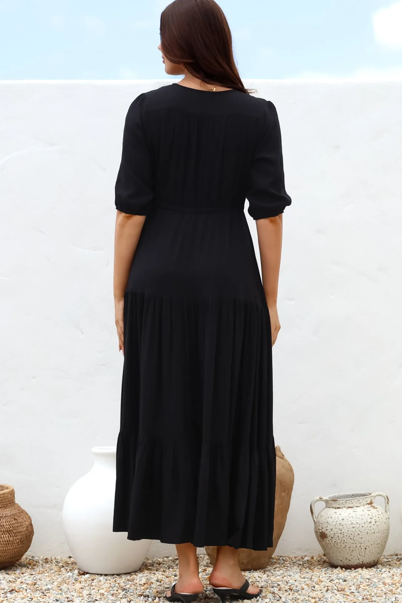 Rachel Maxi Dress - V-Neck 3/4 Sleeve Pull Tie Waist Tiered Dress in Black>Salty Crush Discount
