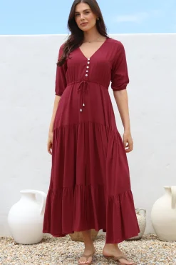 Rachel Maxi Dress - V-Neck 3/4 Sleeve Pull Tie Waist Tiered Dress in Wine>Salty Crush Discount