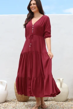 Rachel Maxi Dress - V-Neck 3/4 Sleeve Pull Tie Waist Tiered Dress in Wine><noscript><img width=