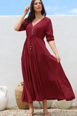 Rachel Maxi Dress - V-Neck 3/4 Sleeve Pull Tie Waist Tiered Dress in Wine><noscript><img width=
