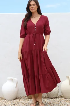 Rachel Maxi Dress - V-Neck 3/4 Sleeve Pull Tie Waist Tiered Dress in Wine><noscript><img width=
