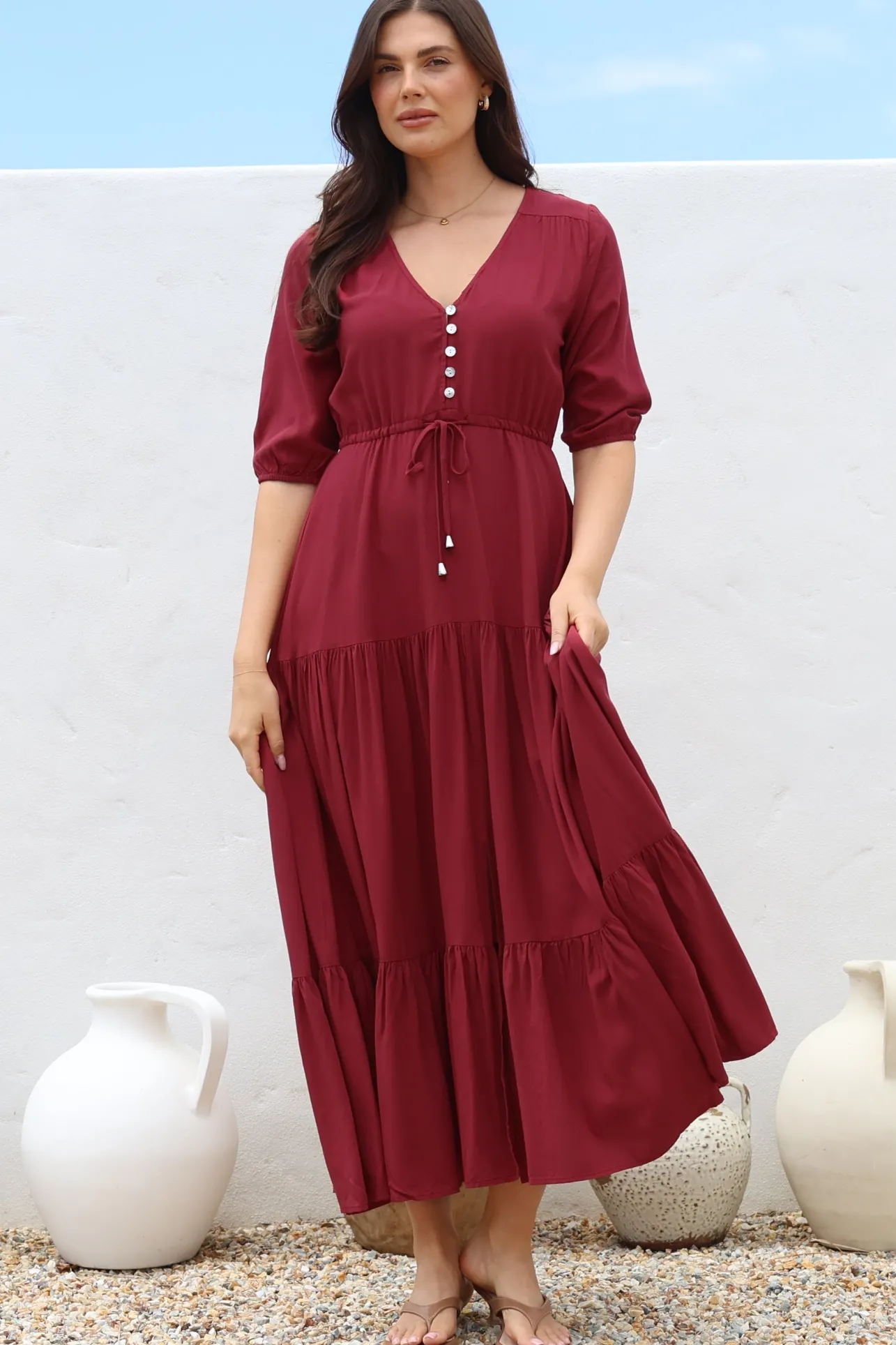 Rachel Maxi Dress - V-Neck 3/4 Sleeve Pull Tie Waist Tiered Dress in Wine>Salty Crush Discount