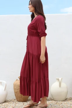 Rachel Maxi Dress - V-Neck 3/4 Sleeve Pull Tie Waist Tiered Dress in Wine><noscript><img width=