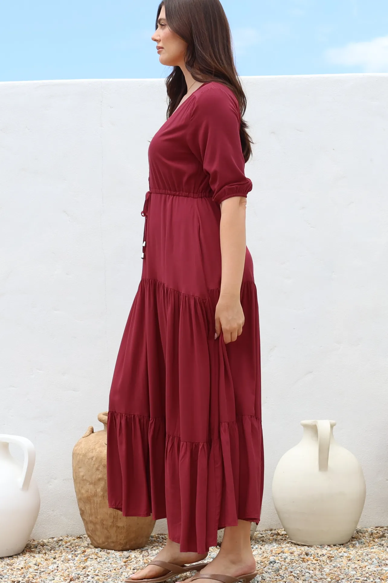 Rachel Maxi Dress - V-Neck 3/4 Sleeve Pull Tie Waist Tiered Dress in Wine>Salty Crush Discount