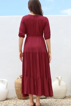 Rachel Maxi Dress - V-Neck 3/4 Sleeve Pull Tie Waist Tiered Dress in Wine><noscript><img width=