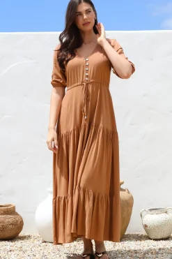 Rachel Maxi Dress - V-Neck 3/4 Sleeve Pull Tie Waist Tiered Dress in Tan>Salty Crush Outlet