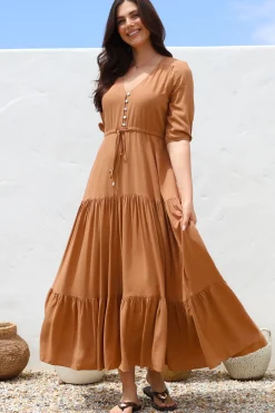 Rachel Maxi Dress - V-Neck 3/4 Sleeve Pull Tie Waist Tiered Dress in Tan><noscript><img width=