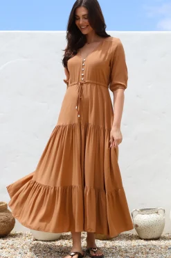 Rachel Maxi Dress - V-Neck 3/4 Sleeve Pull Tie Waist Tiered Dress in Tan><noscript><img width=