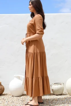 Rachel Maxi Dress - V-Neck 3/4 Sleeve Pull Tie Waist Tiered Dress in Tan><noscript><img width=