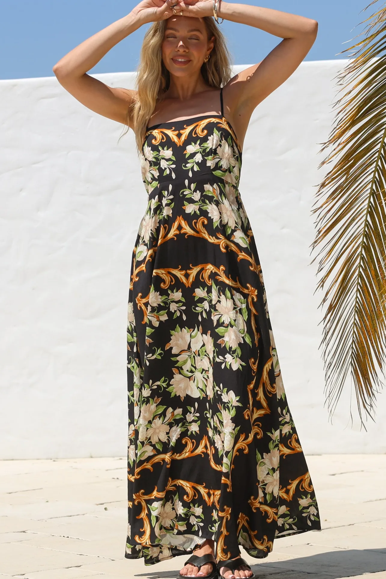 Radley Maxi Dress - Empire Line Sun Dress with Adjustable Straps in Evana Print Black>Salty Crush Sale