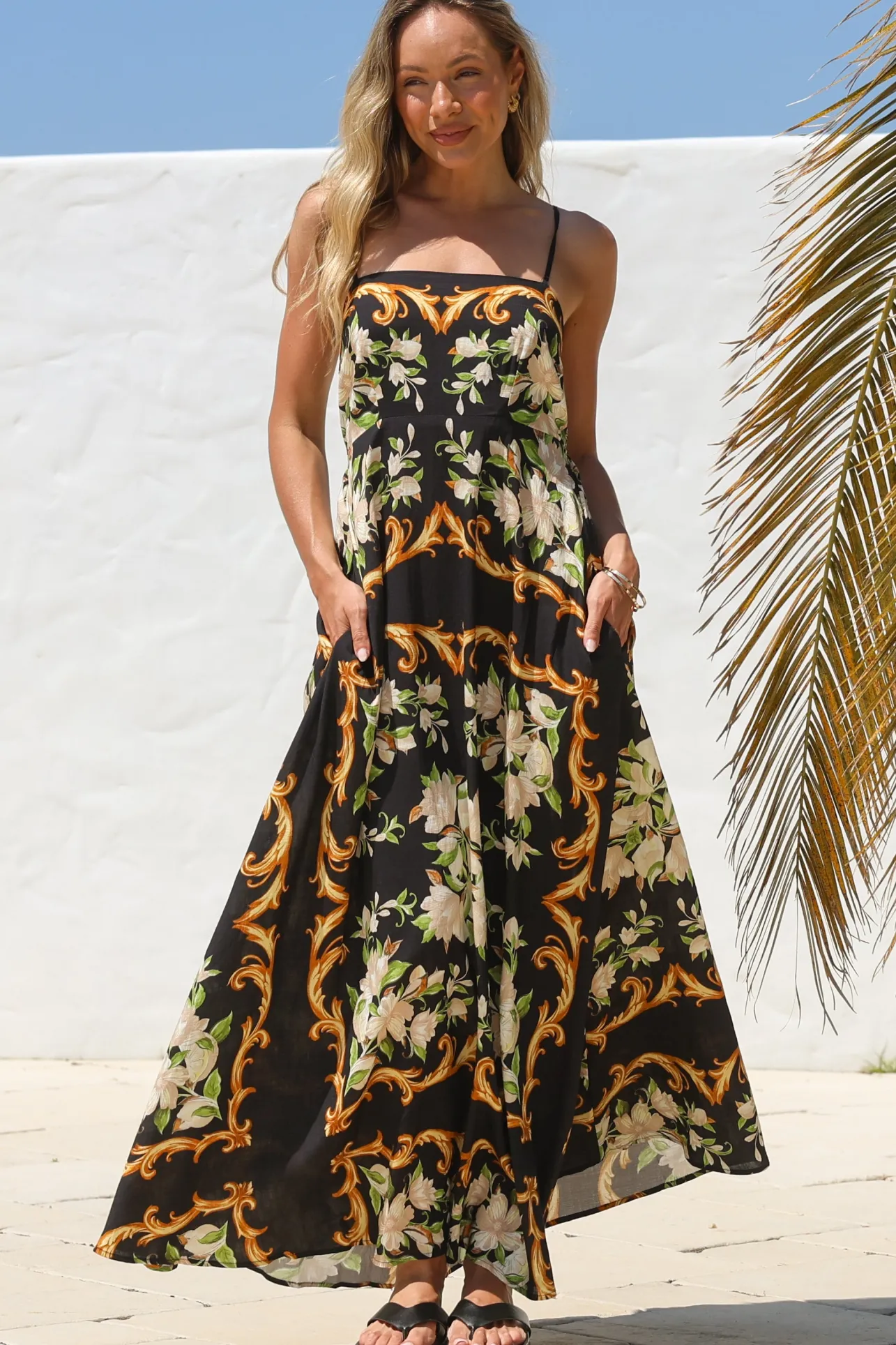 Radley Maxi Dress - Empire Line Sun Dress with Adjustable Straps in Evana Print Black>Salty Crush Sale