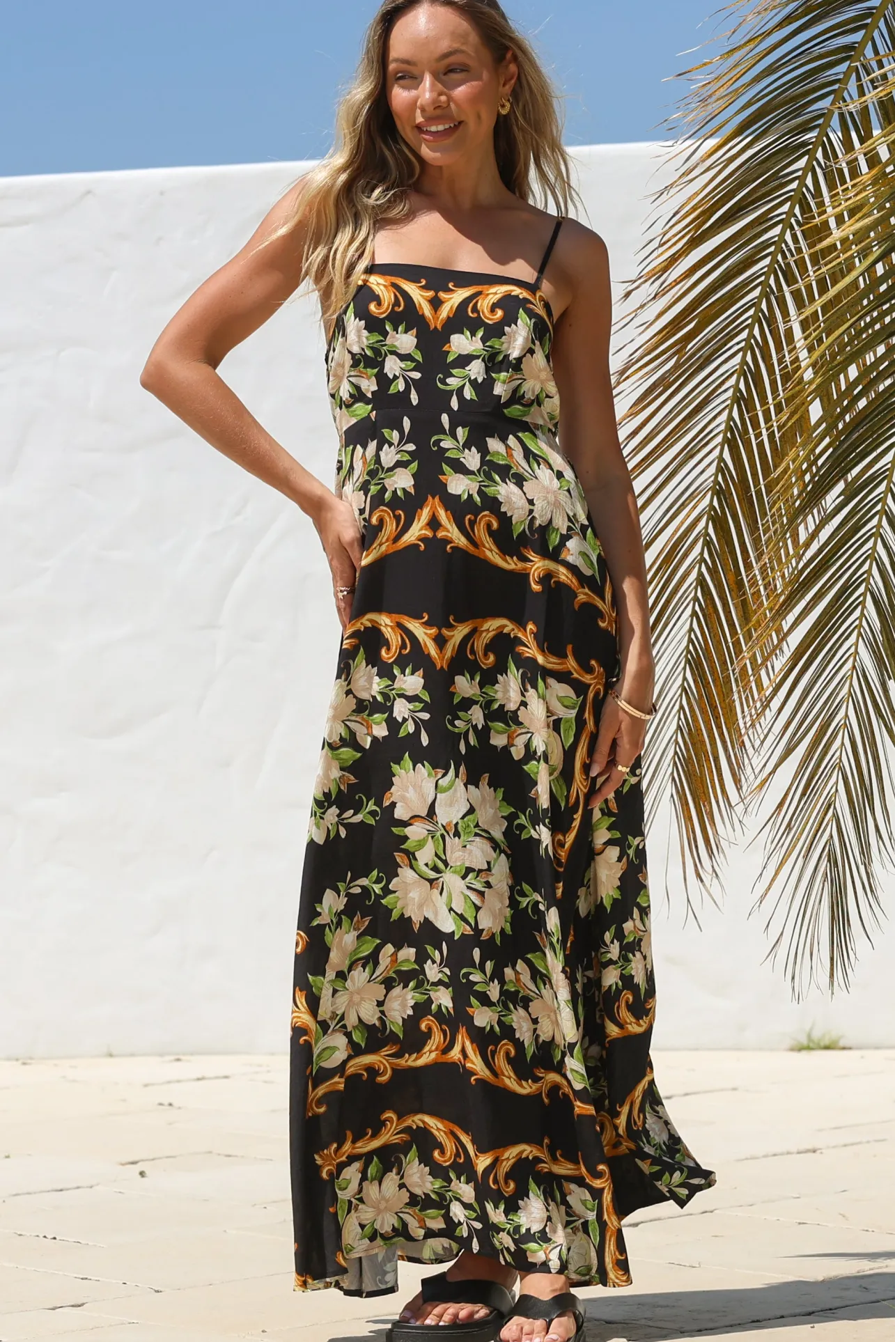Radley Maxi Dress - Empire Line Sun Dress with Adjustable Straps in Evana Print Black>Salty Crush Sale