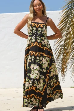 Radley Maxi Dress - Empire Line Sun Dress with Adjustable Straps in Evana Print Black><noscript><img width=