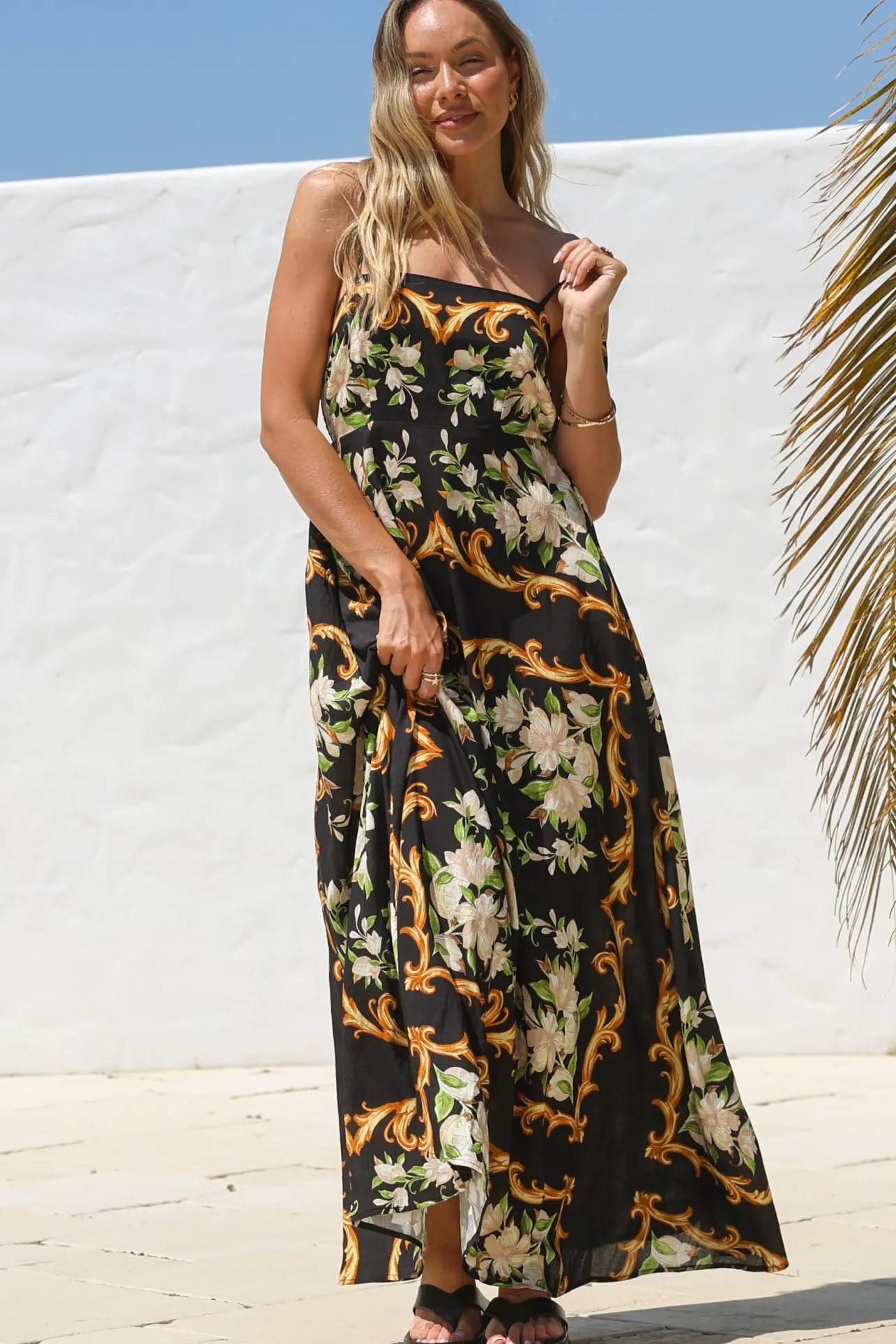 Radley Maxi Dress - Empire Line Sun Dress with Adjustable Straps in Evana Print Black>Salty Crush Sale