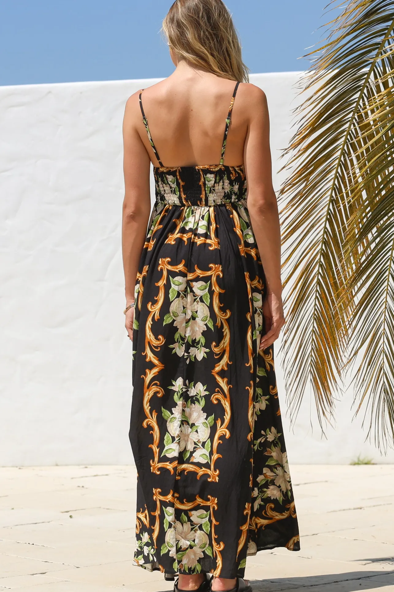 Radley Maxi Dress - Empire Line Sun Dress with Adjustable Straps in Evana Print Black>Salty Crush Sale