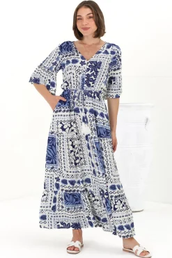 Rae Maxi Dress - Buttoned Bodice Pull Waist A Line Dress in Loa Print Blue>Salty Crush