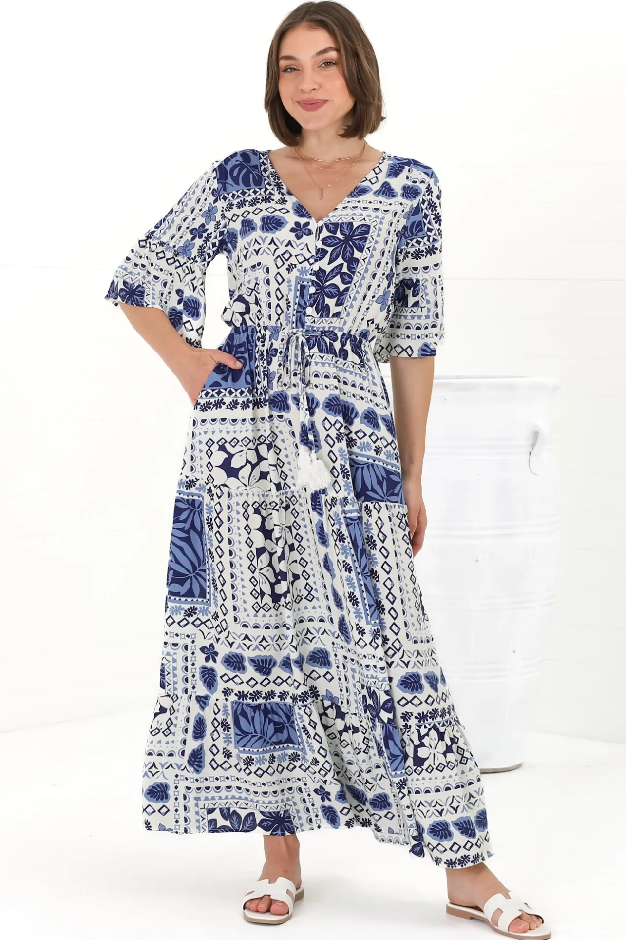 Rae Maxi Dress - Buttoned Bodice Pull Waist A Line Dress in Loa Print Blue>Salty Crush