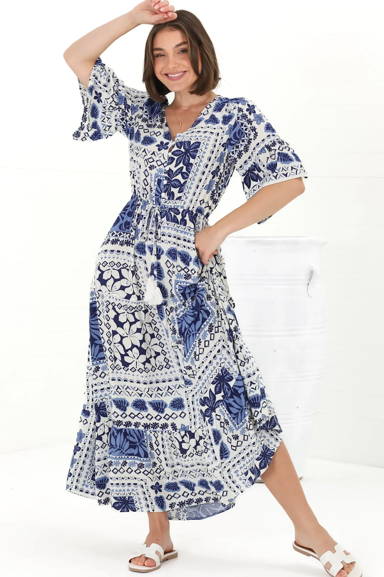 Rae Maxi Dress - Buttoned Bodice Pull Waist A Line Dress in Loa Print Blue>Salty Crush