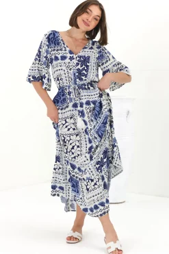Rae Maxi Dress - Buttoned Bodice Pull Waist A Line Dress in Loa Print Blue><noscript><img width=