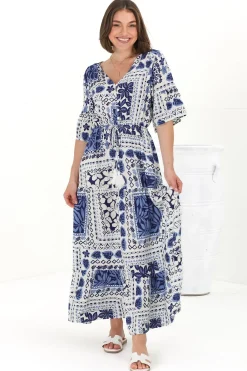Rae Maxi Dress - Buttoned Bodice Pull Waist A Line Dress in Loa Print Blue><noscript><img width=